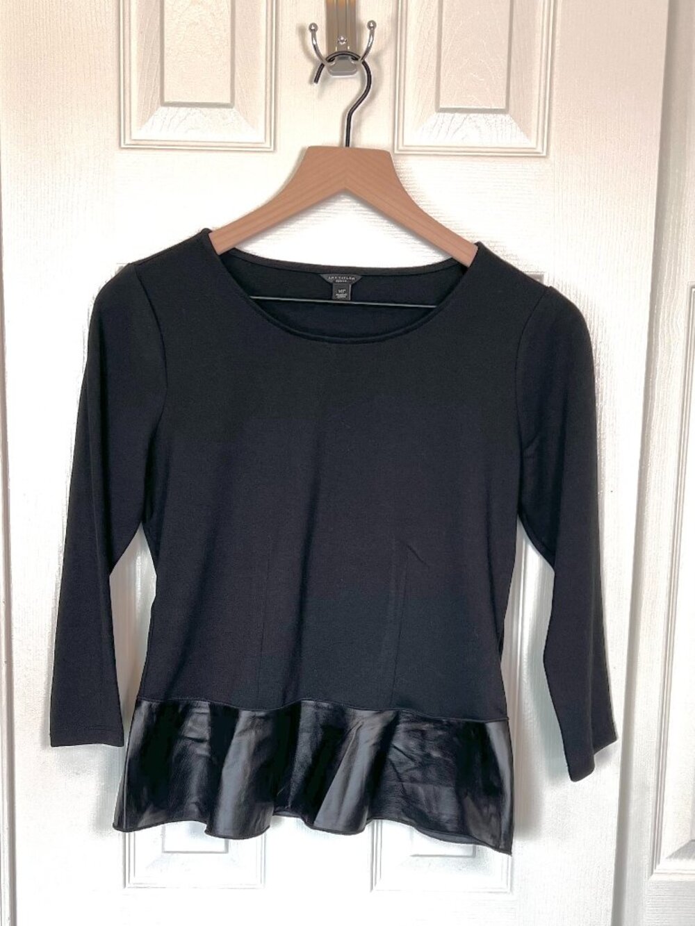Ann Taylor 3/4 Sleeve Faux Leather Ruffle Trim  Structured Black Top SZ MP